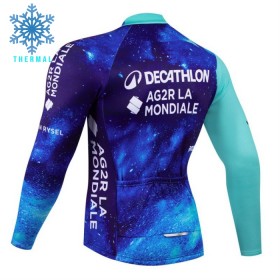 Wielershirt 2024 Decathlon Ag2r Lange Mouw Winter Thermal Fleece Blauw